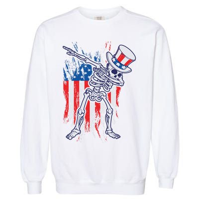 Funny Patriotic USA American Flag Dabbing Skeleton Garment-Dyed Sweatshirt
