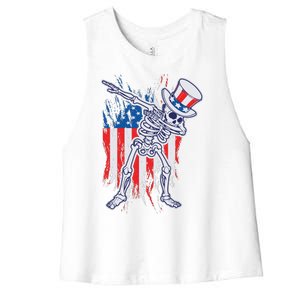 Funny Patriotic USA American Flag Dabbing Skeleton Women's Racerback Cropped Tank