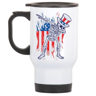 Funny Patriotic USA American Flag Dabbing Skeleton Stainless Steel Travel Mug