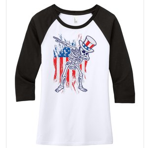 Funny Patriotic USA American Flag Dabbing Skeleton Women's Tri-Blend 3/4-Sleeve Raglan Shirt