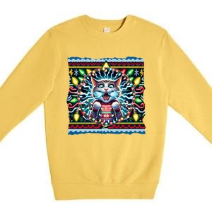 Fried Pussycat Ugly Christmas Cat Chewing Christmas Lights Cool Gift Premium Crewneck Sweatshirt