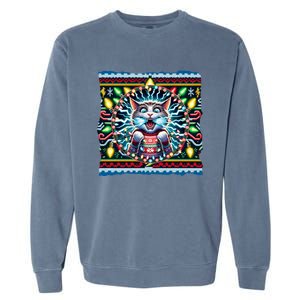 Fried Pussycat Ugly Christmas Cat Chewing Christmas Lights Cool Gift Garment-Dyed Sweatshirt