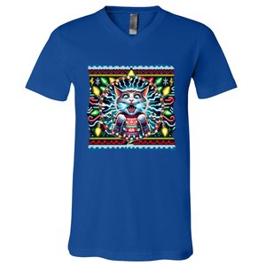 Fried Pussycat Ugly Christmas Cat Chewing Christmas Lights Cool Gift V-Neck T-Shirt