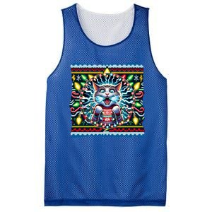 Fried Pussycat Ugly Christmas Cat Chewing Christmas Lights Cool Gift Mesh Reversible Basketball Jersey Tank