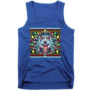 Fried Pussycat Ugly Christmas Cat Chewing Christmas Lights Cool Gift Tank Top