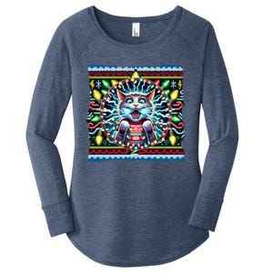 Fried Pussycat Ugly Christmas Cat Chewing Christmas Lights Cool Gift Women's Perfect Tri Tunic Long Sleeve Shirt