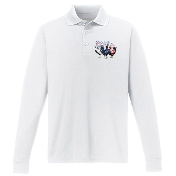 Funny Patriotic Usa Chicken  4th Of July Chicken Gift Performance Long Sleeve Polo