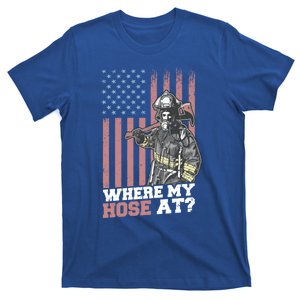 Firefighter Patriotic Usa American Flag Pun Where My Hose At Gift T-Shirt