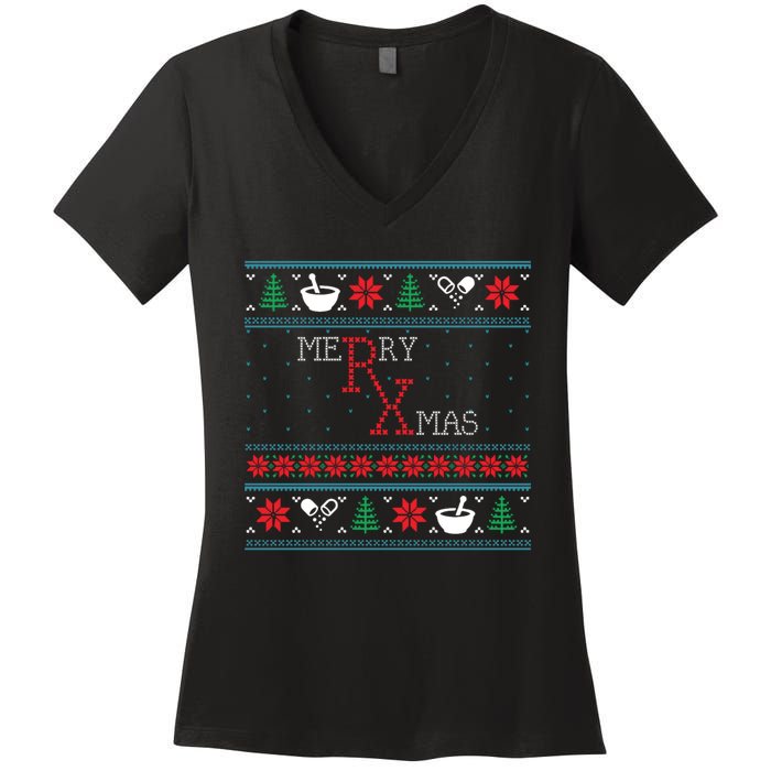 Funny Pharmacy Ugly Christmas Sweaters Women's V-Neck T-Shirt