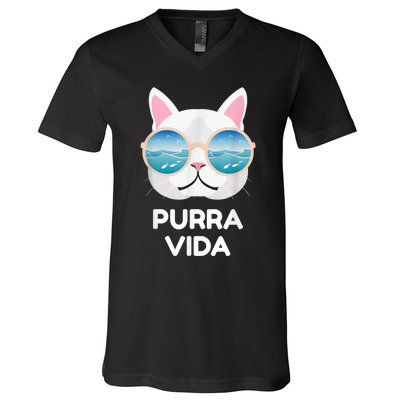 Funny Pura Vida Cat Costa Rica Surfing Surf Waves V-Neck T-Shirt