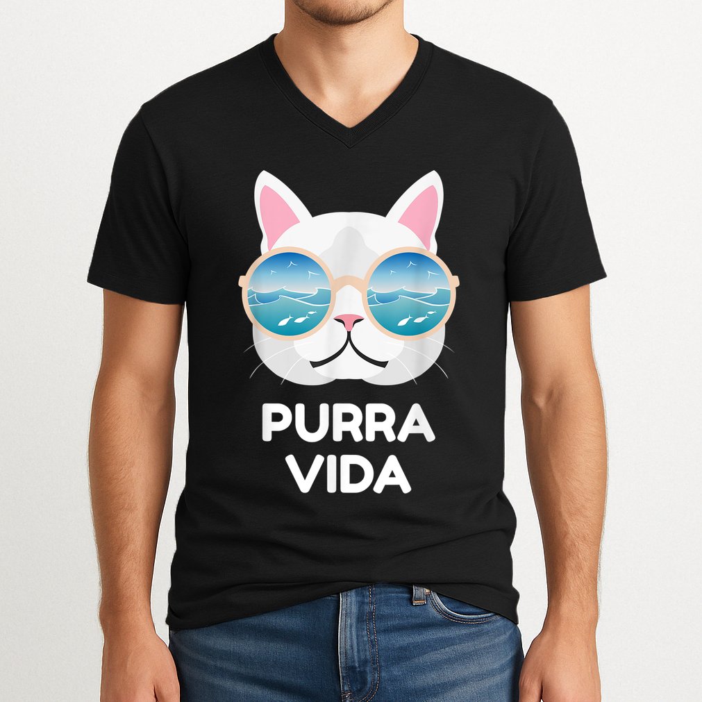 Funny Pura Vida Cat Costa Rica Surfing Surf Waves V-Neck T-Shirt