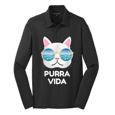 Funny Pura Vida Cat Costa Rica Surfing Surf Waves Silk Touch Performance Long Sleeve Polo