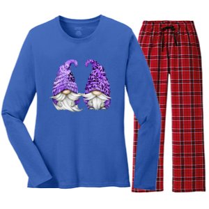 Floral Purple Valentine Gnomes For Mom Gift Cute Valentines Day Gift Women's Long Sleeve Flannel Pajama Set 