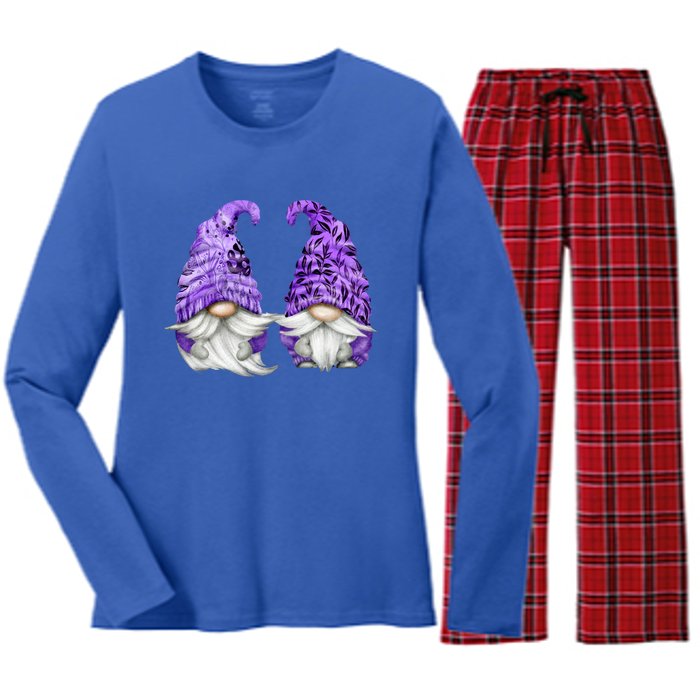 Floral Purple Valentine Gnomes For Mom Gift Cute Valentines Day Gift Women's Long Sleeve Flannel Pajama Set 