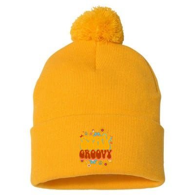 Floral Peaceful Vibes Embrace Positivity with Retro Flower Design Pom Pom 12in Knit Beanie