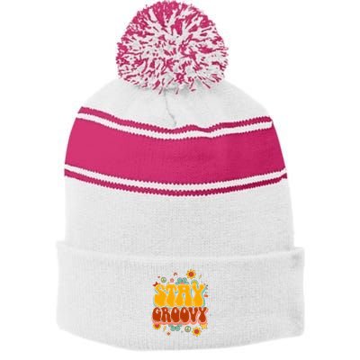 Floral Peaceful Vibes Embrace Positivity with Retro Flower Design Stripe Pom Pom Beanie
