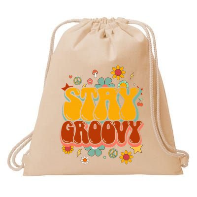 Floral Peaceful Vibes Embrace Positivity with Retro Flower Design Drawstring Bag
