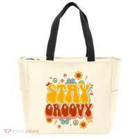 Floral Peaceful Vibes Embrace Positivity with Retro Flower Design Zip Tote Bag