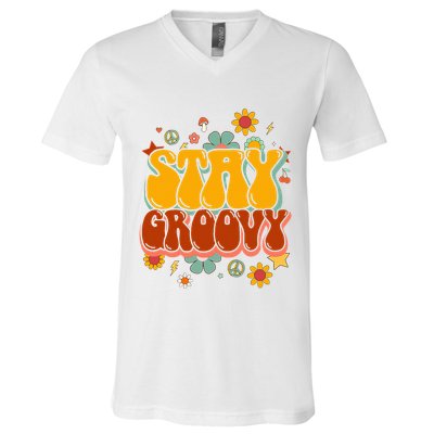 Floral Peaceful Vibes Embrace Positivity with Retro Flower Design V-Neck T-Shirt