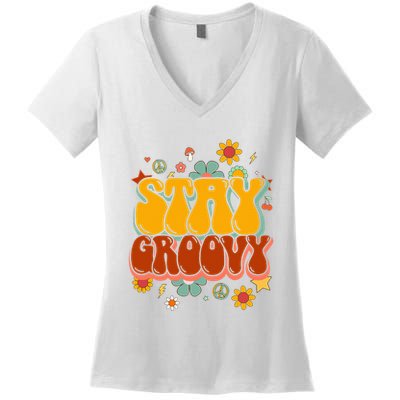 Floral Peaceful Vibes Embrace Positivity with Retro Flower Design Women's V-Neck T-Shirt