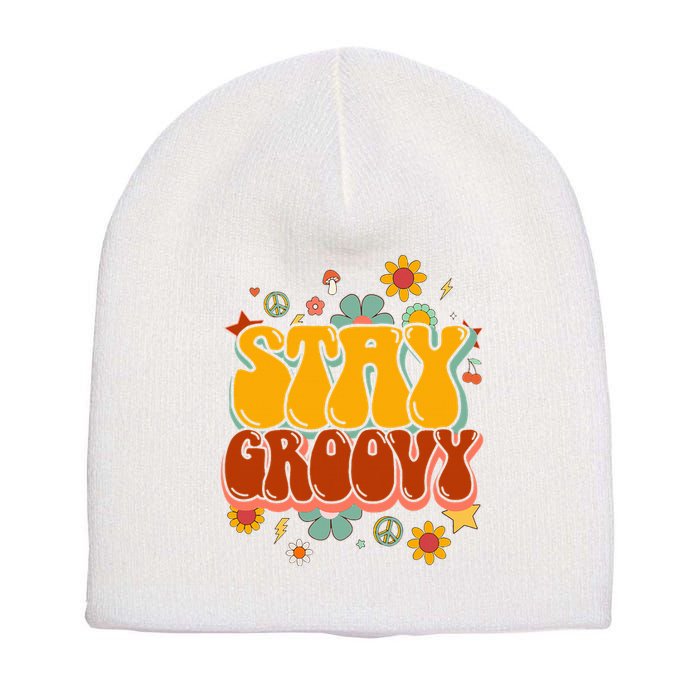 Floral Peaceful Vibes Embrace Positivity with Retro Flower Design Short Acrylic Beanie
