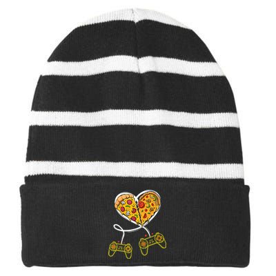 Funny Pizza Video Game Lover Gamer Valentines Day Couple Striped Beanie with Solid Band