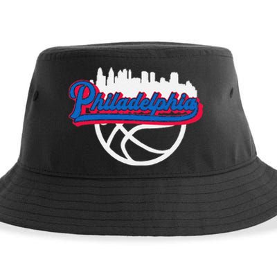 Funny Philadelphia Vintage Basketball Script City Skyline Fan Sustainable Bucket Hat