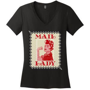 Female Postal Worker Mail Lady Stamp World Post Day Women's V-Neck T-Shirt