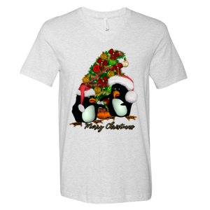 Funny Penguin With Christmas Hat V-Neck T-Shirt