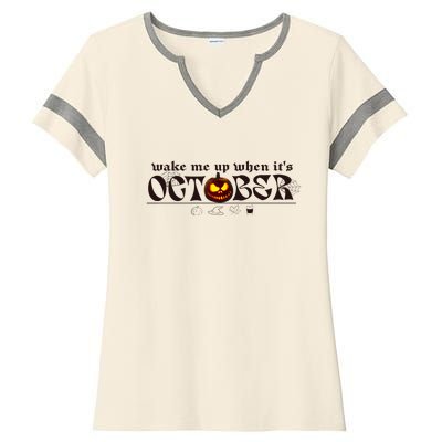 Funny Pumpkin Wake Me Up When Its October Halloween Costume Gift Ladies Halftime Notch Neck Tee