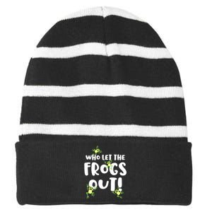 Funny Passover Who Let The Frogs Out Jewish Seder Fami Striped Beanie with Solid Band