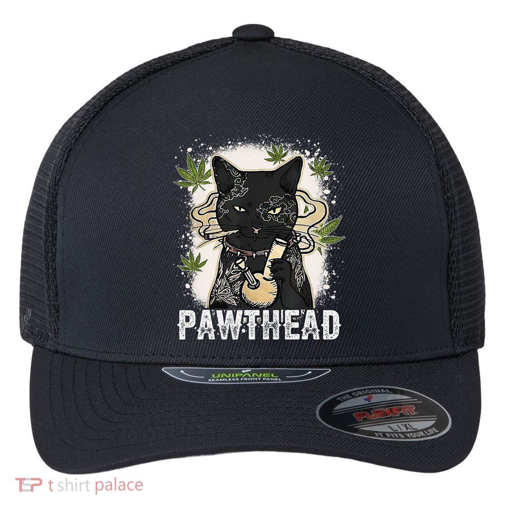 Funny Pawthead Weed Cat Smoking High Cannabis Cat 420 Stoner Flexfit Unipanel Trucker Cap