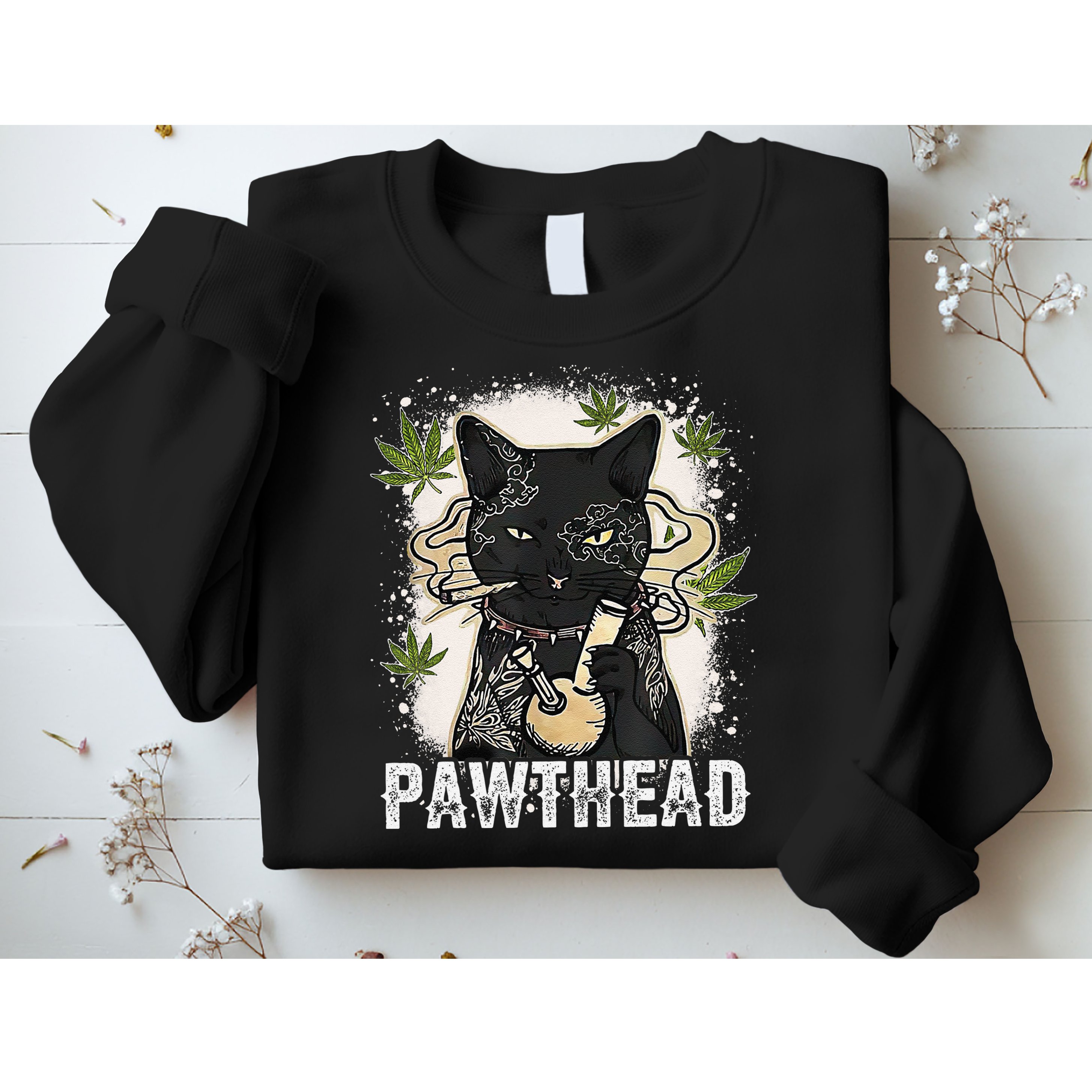 Funny Pawthead Weed Cat Smoking High Cannabis Cat 420 Stoner Sweatshirt