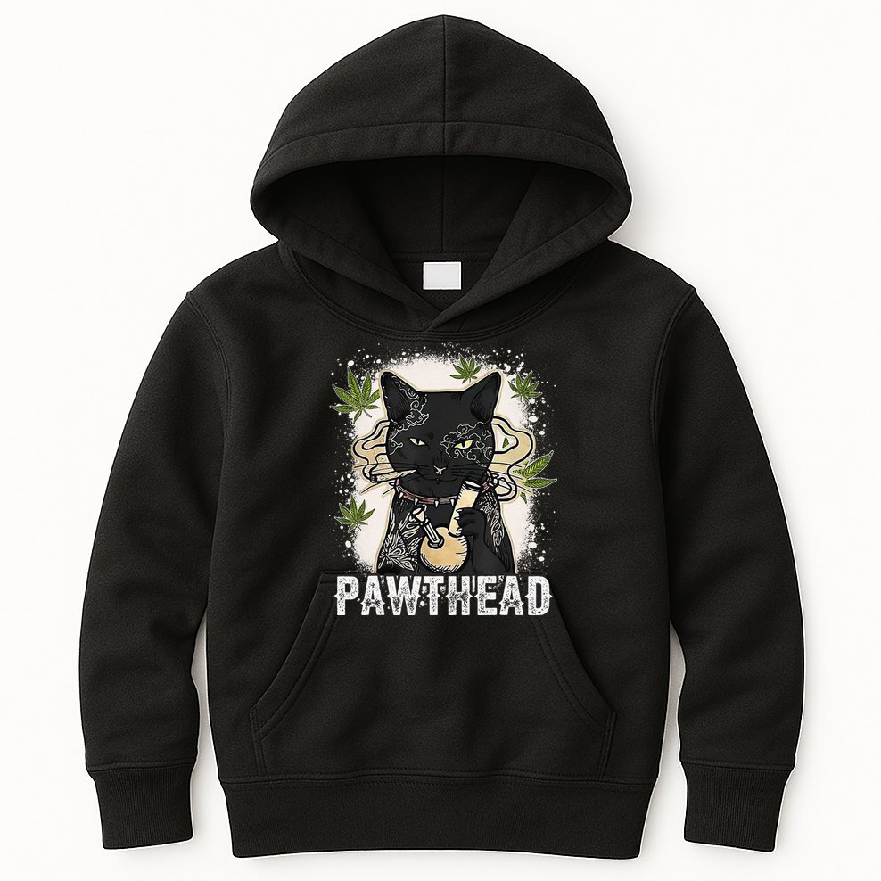 Funny Pawthead Weed Cat Smoking High Cannabis Cat 420 Stoner Kids Hoodie
