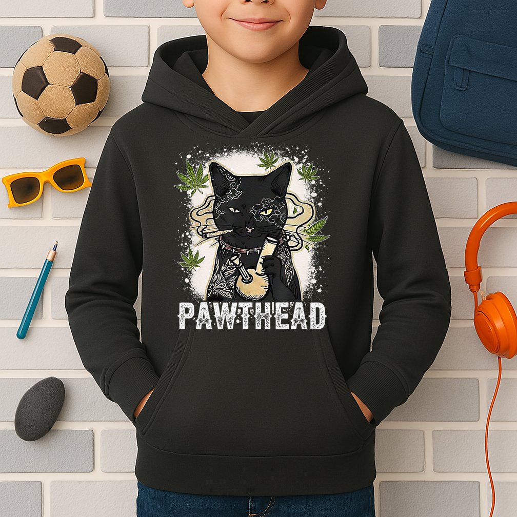 Funny Pawthead Weed Cat Smoking High Cannabis Cat 420 Stoner Kids Hoodie