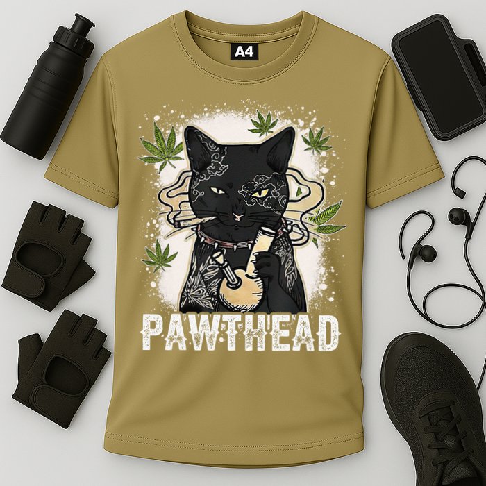 Funny Pawthead Weed Cat Smoking High Cannabis Cat 420 Stoner Cooling Performance Crew T-Shirt