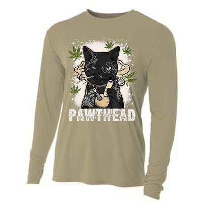 Funny Pawthead Weed Cat Smoking High Cannabis Cat 420 Stoner Cooling Performance Long Sleeve Crew