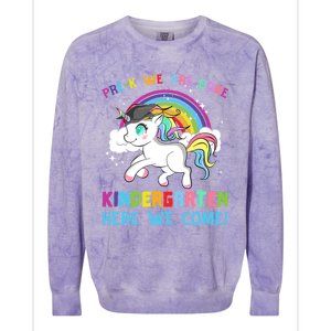 Funny PreK We Are Done Kindergarten Here We Come Unicorn Gift Colorblast Crewneck Sweatshirt