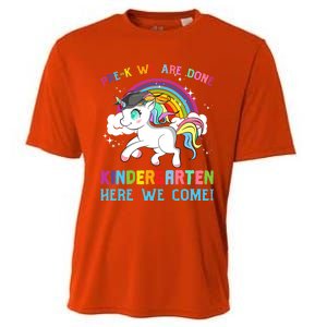 Funny PreK We Are Done Kindergarten Here We Come Unicorn Gift Cooling Performance Crew T-Shirt