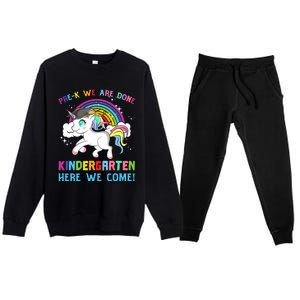 Funny PreK We Are Done Kindergarten Here We Come Unicorn Gift Premium Crewneck Sweatsuit Set