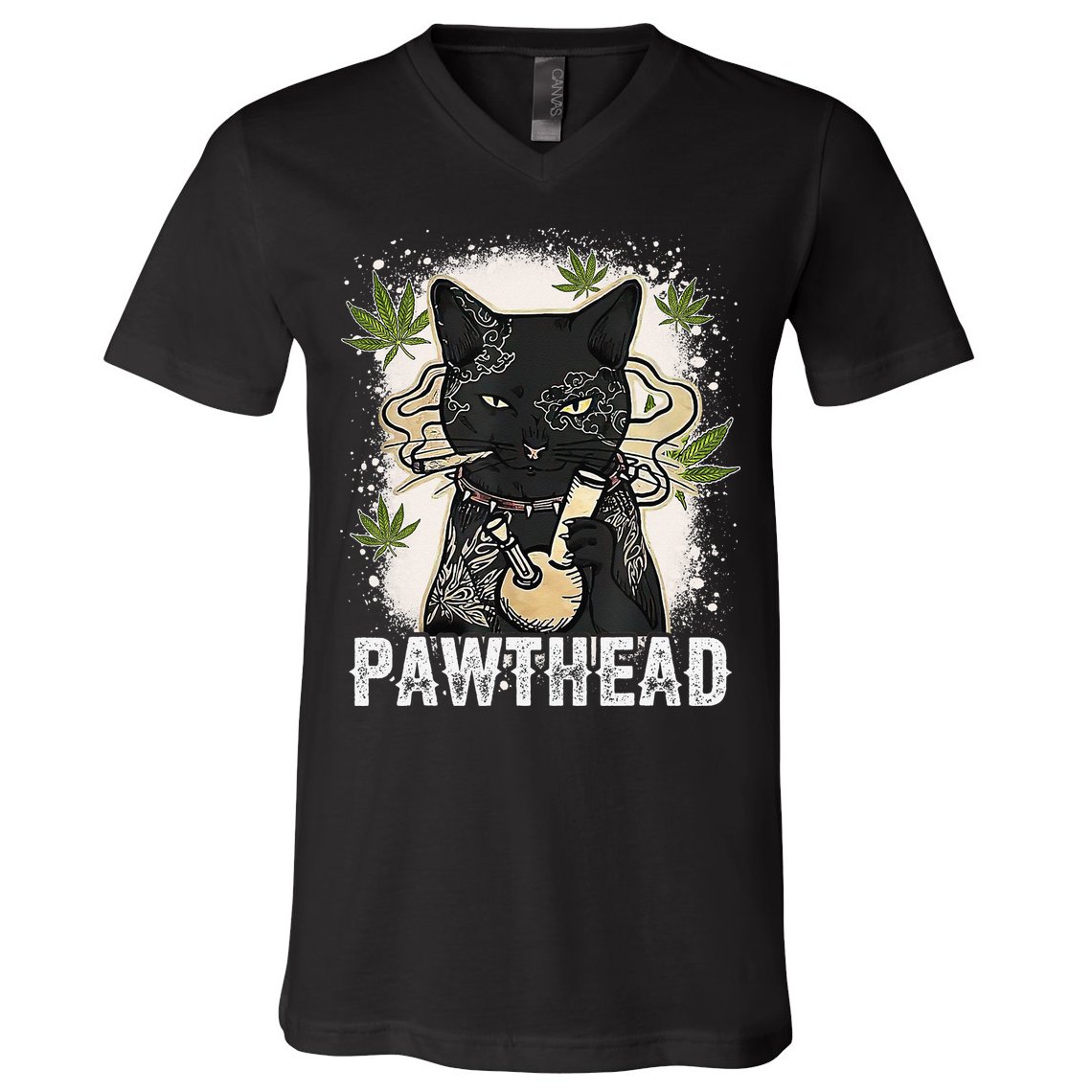 Funny Pawthead Weed Cat Smoking High Cannabis Cat 420 Stoner V-Neck T-Shirt