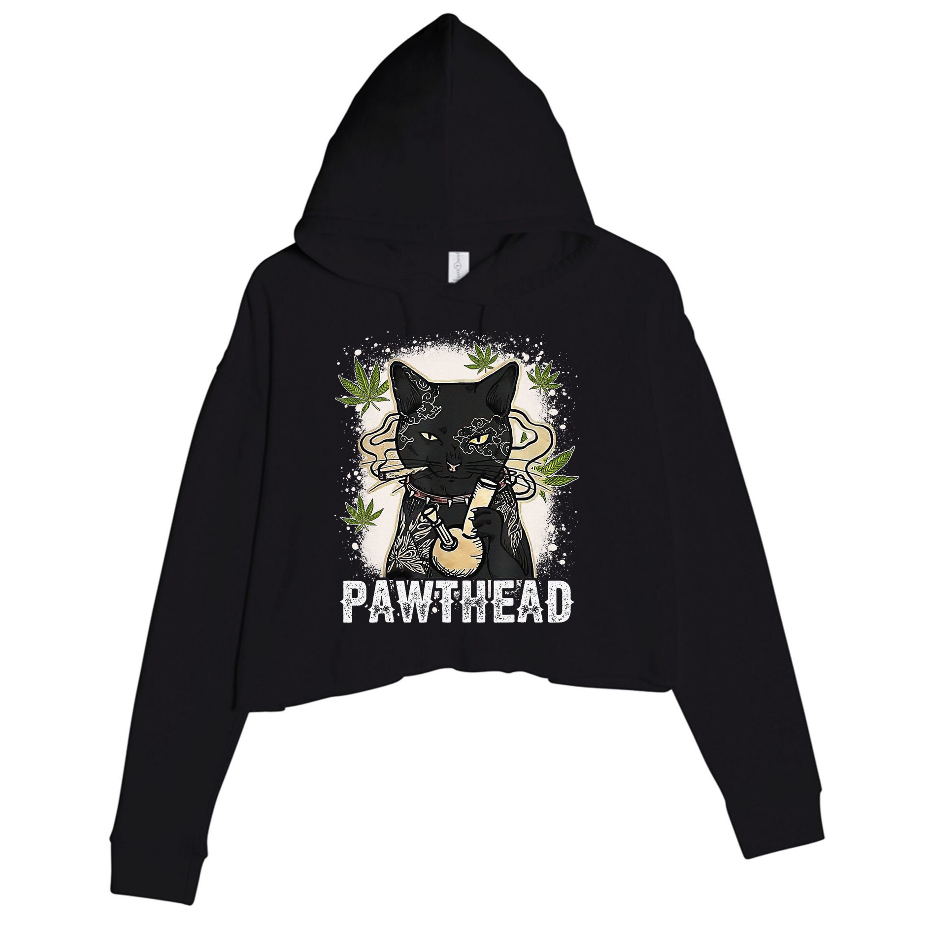 Funny Pawthead Weed Cat Smoking High Cannabis Cat 420 Stoner Crop Fleece Hoodie