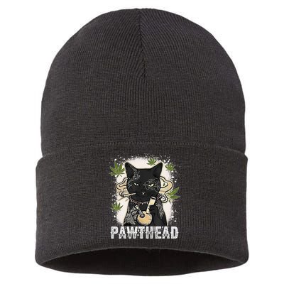 Funny Pawthead Weed Cat Smoking High Cannabis Cat 420 Stoner Sustainable Knit Beanie