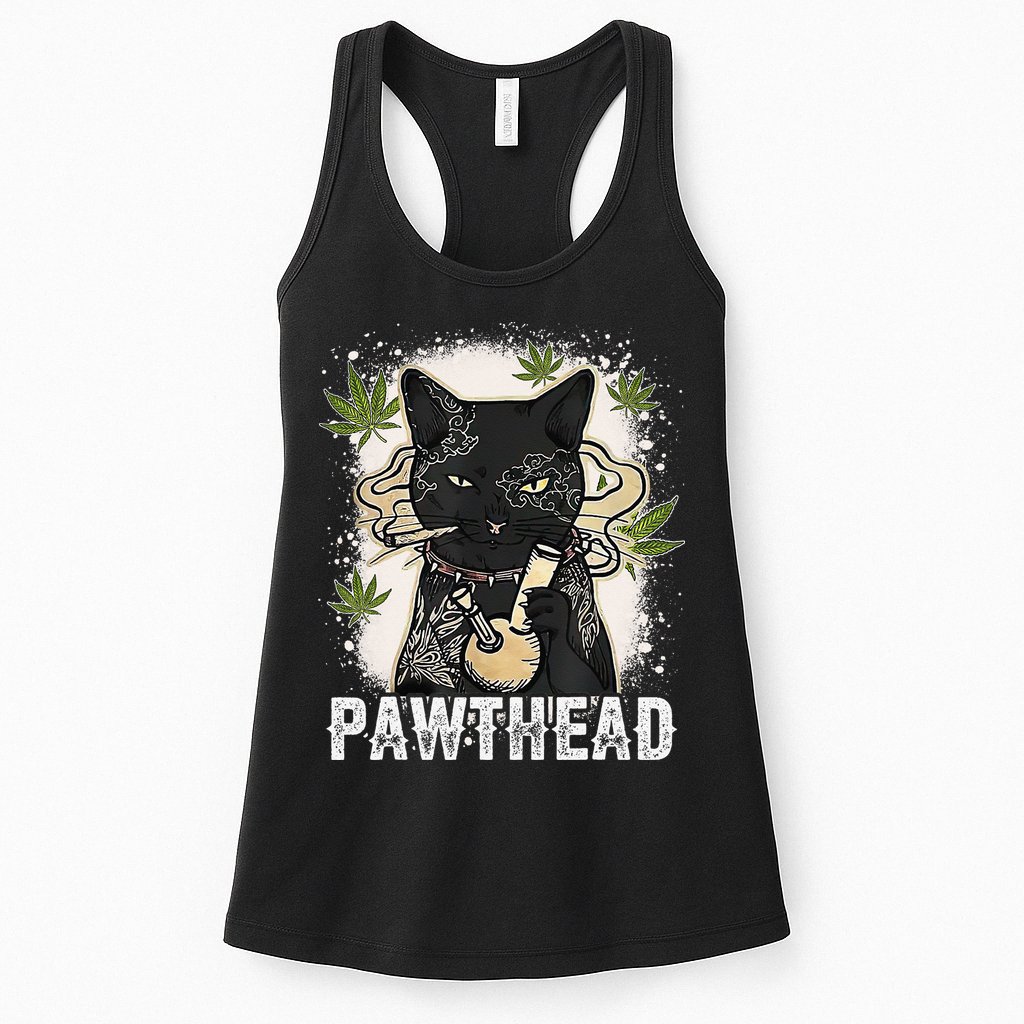 Funny Pawthead Weed Cat Smoking High Cannabis Cat 420 Stoner Womens Tank Top