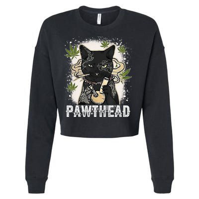 Funny Pawthead Weed Cat Smoking High Cannabis Cat 420 Stoner Cropped Pullover Crew