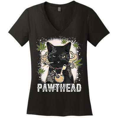 Funny Pawthead Weed Cat Smoking High Cannabis Cat 420 Stoner Women's V-Neck T-Shirt