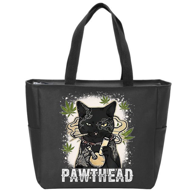 Funny Pawthead Weed Cat Smoking High Cannabis Cat 420 Stoner Zip Tote Bag