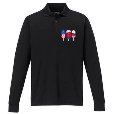 Funny Patriotic Wo 4th Of July Ice Cream Pop Performance Long Sleeve Polo