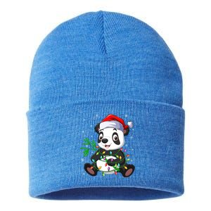 Funny Panda Xmas Lighting Matching Santa Hat Panda Christmas Gift Sustainable Knit Beanie