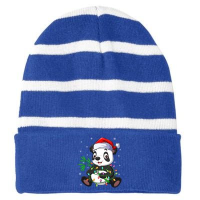 Funny Panda Xmas Lighting Matching Santa Hat Panda Christmas Gift Striped Beanie with Solid Band